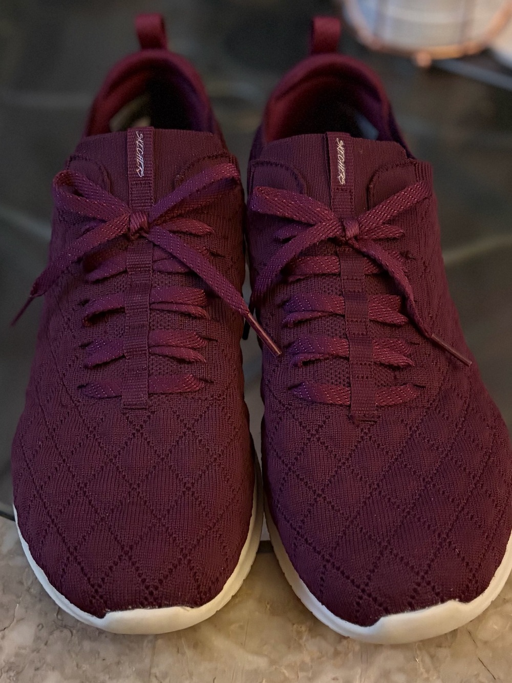 Skechers Air Cooled Women's Wine Knit Lace-Up Slip-On Sneakers.